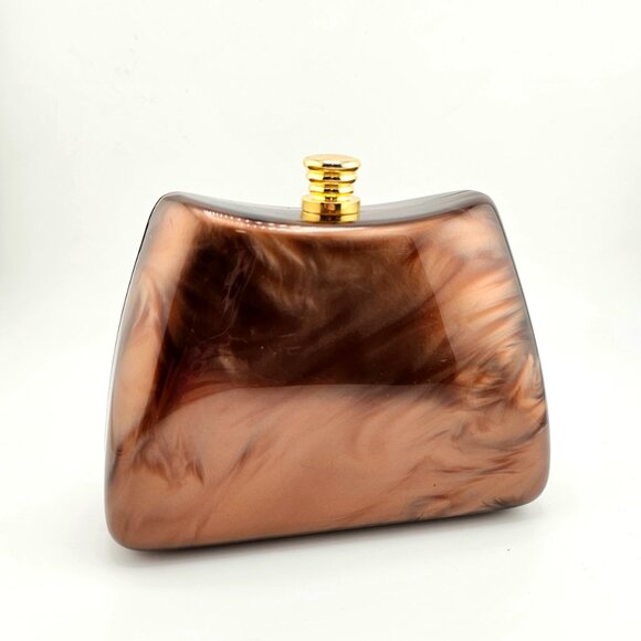 Vintage Brown Marbled Acrylic Box Clutch with Gold Chain Strap - Picture 2 of 16